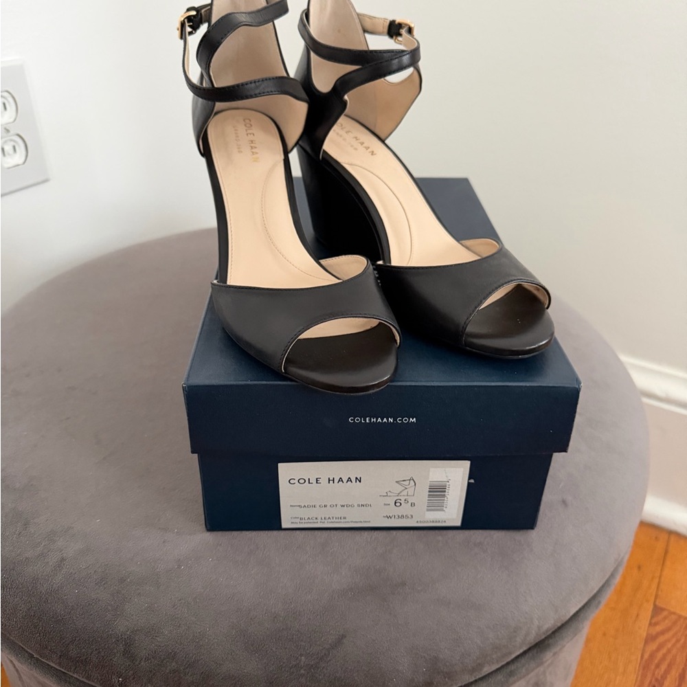 Cole Haan Black Leather Open-Toe Ankle-Strap Heels